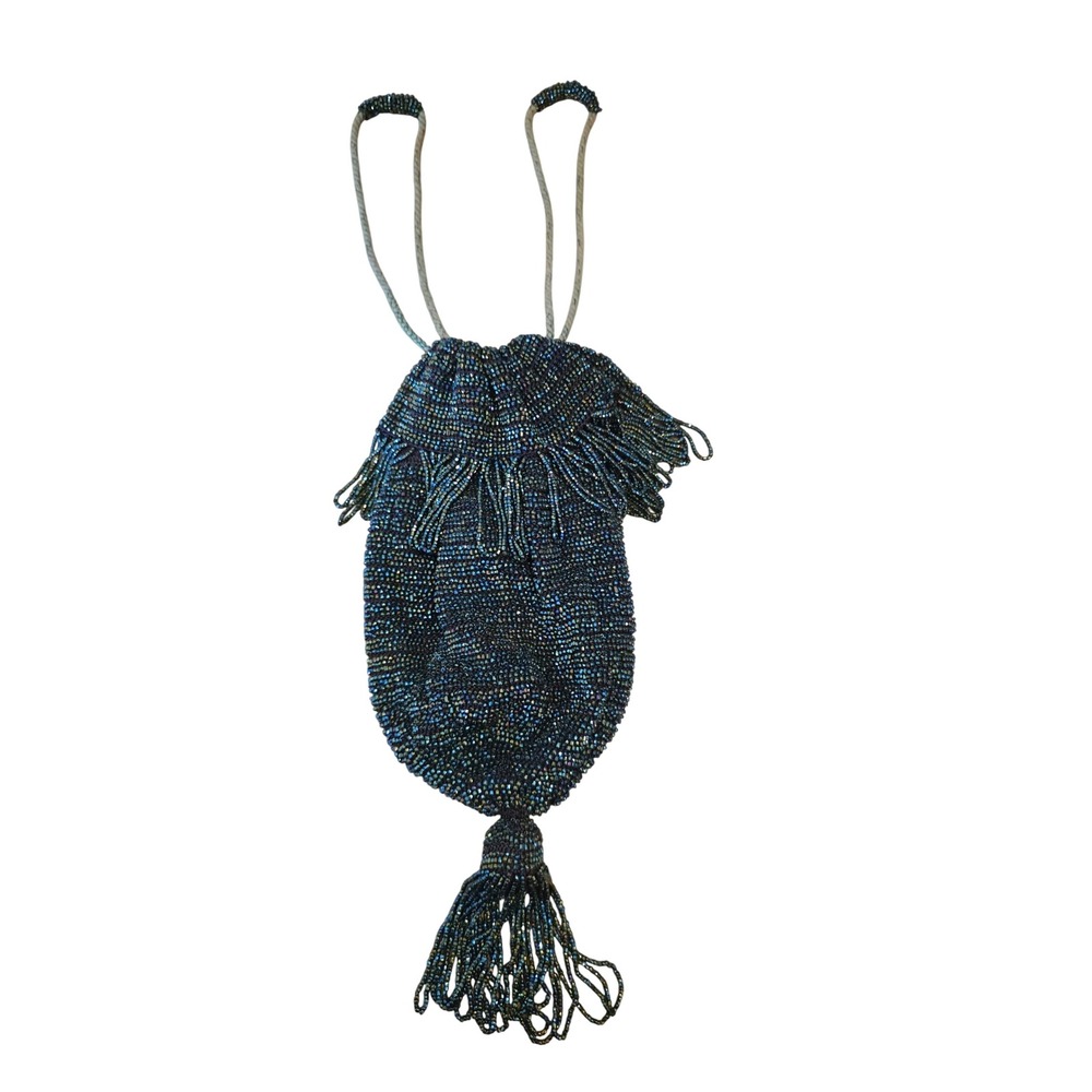 Antique 1920s Iridescent Beaded Reticule Purse Tassel Fringe Peacock Oil Slick